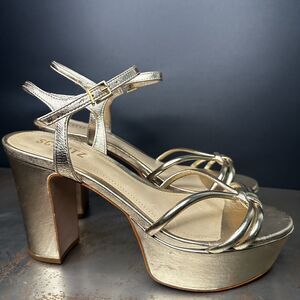 Schutz Platform Sandal 7 Block Heel Strappy Wedding Glam Metallic Gold Kelsie